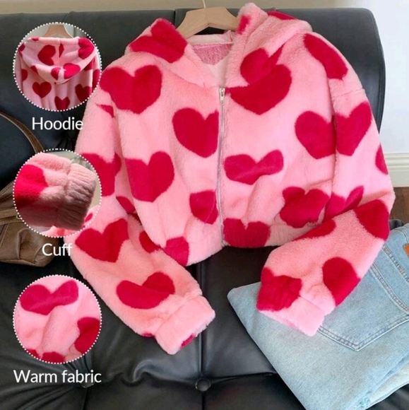 Women's Heart Pattern Fleece Hooded Casual Jacket For Fall/Winter - Picture 1 of 7